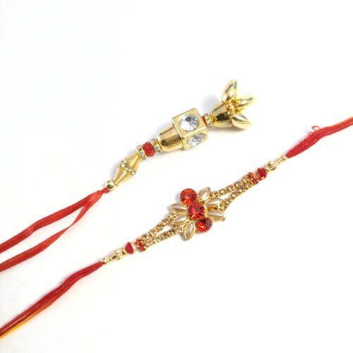 Red and Golden Zerkin Bhaiya Bhabhi Rakhi Set