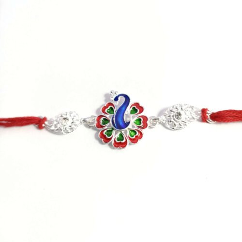 Silver Meenakari peacock rakhi (round)