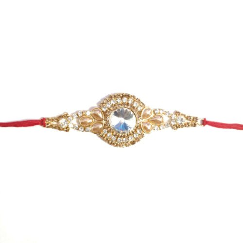 Premium White stone, Pearls and Zerkin Rakhi