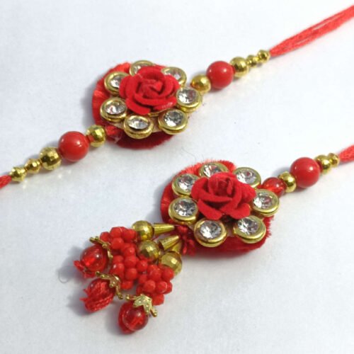Premium Red Flower Stone Pair Bhaiya Bhabhi Rakhi