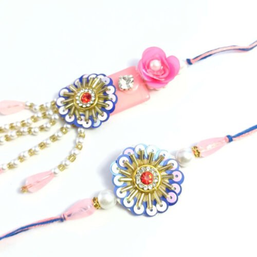 Premium Blue Flower and Pink stone Bhaiya Bhabhi Rakhi