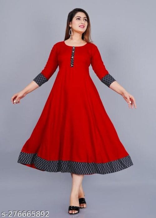 Ultra Fashion Women's Solid Printed Round Pleated Flared Kurti (Red)