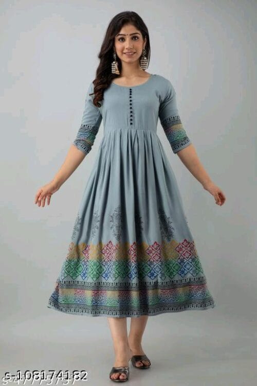 women's Rayon Printed Long Flared Anarkali Kurti